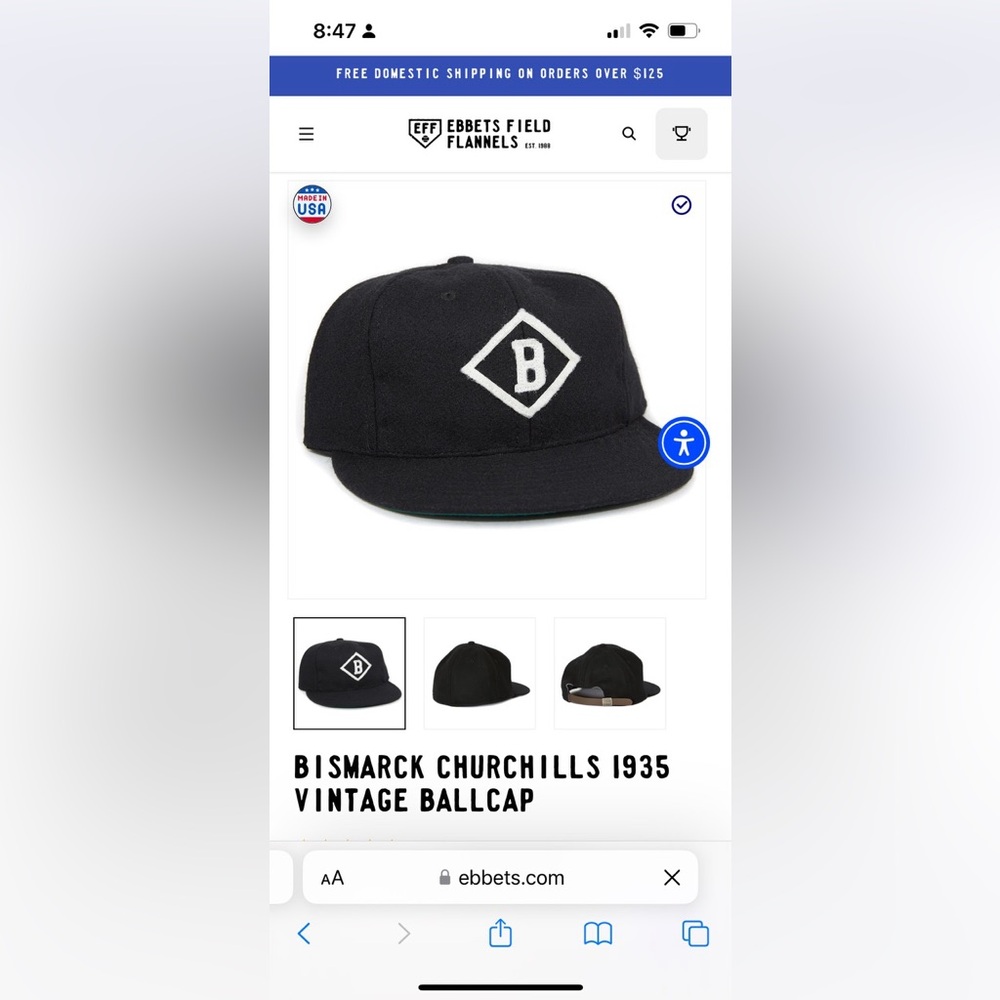 Bismarck Churchills 1935 vintage Ballcap Ebbets field flannels